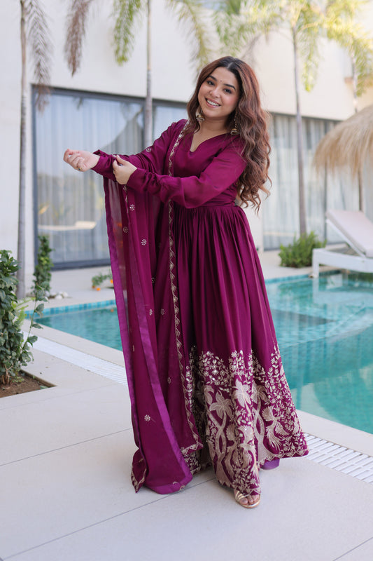Shahi Wine Purple Peacock and Floral Embroidered Gown With Duppata