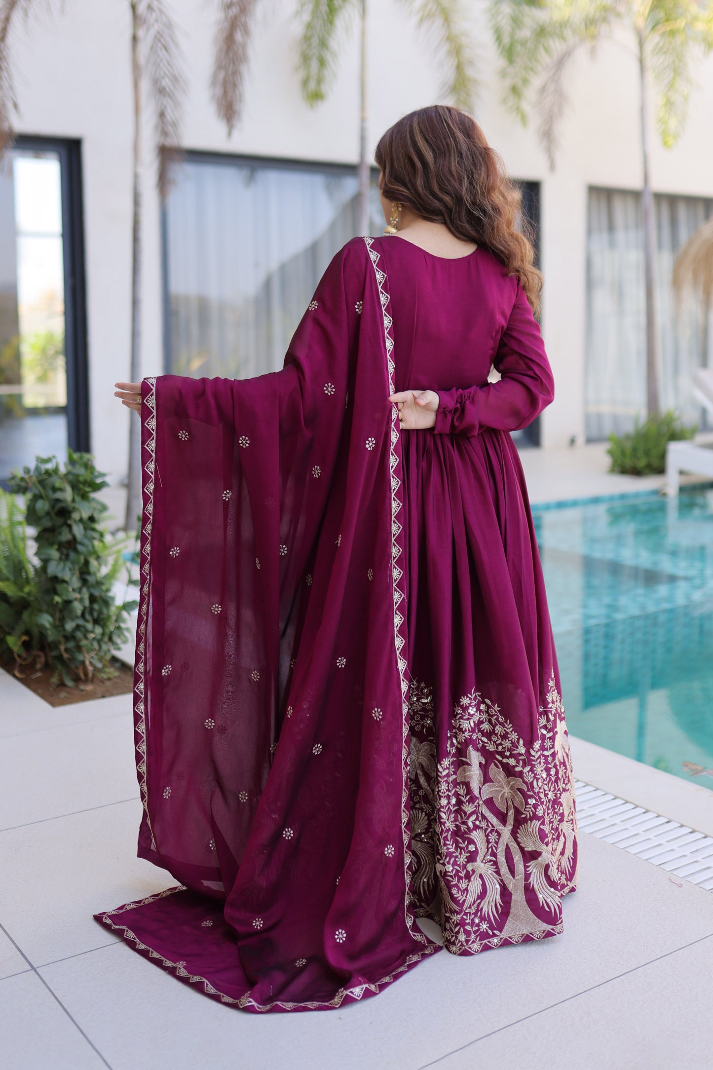 Shahi Wine Purple Peacock and Floral Embroidered Gown With Duppata
