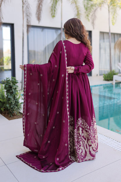 Shahi Wine Purple Peacock and Floral Embroidered Gown With Duppata