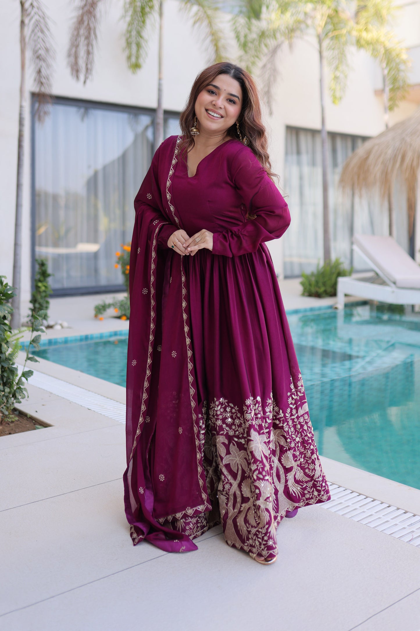 Shahi Wine Purple Peacock and Floral Embroidered Gown With Duppata
