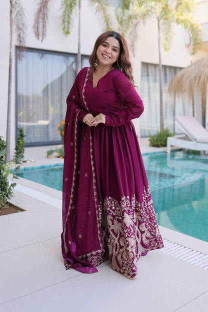 Shahi Wine Purple Peacock and Floral Embroidered Gown With Duppata