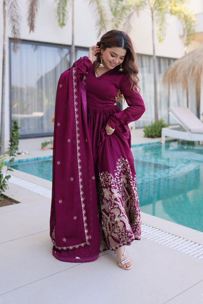 Shahi Wine Purple Peacock and Floral Embroidered Gown With Duppata
