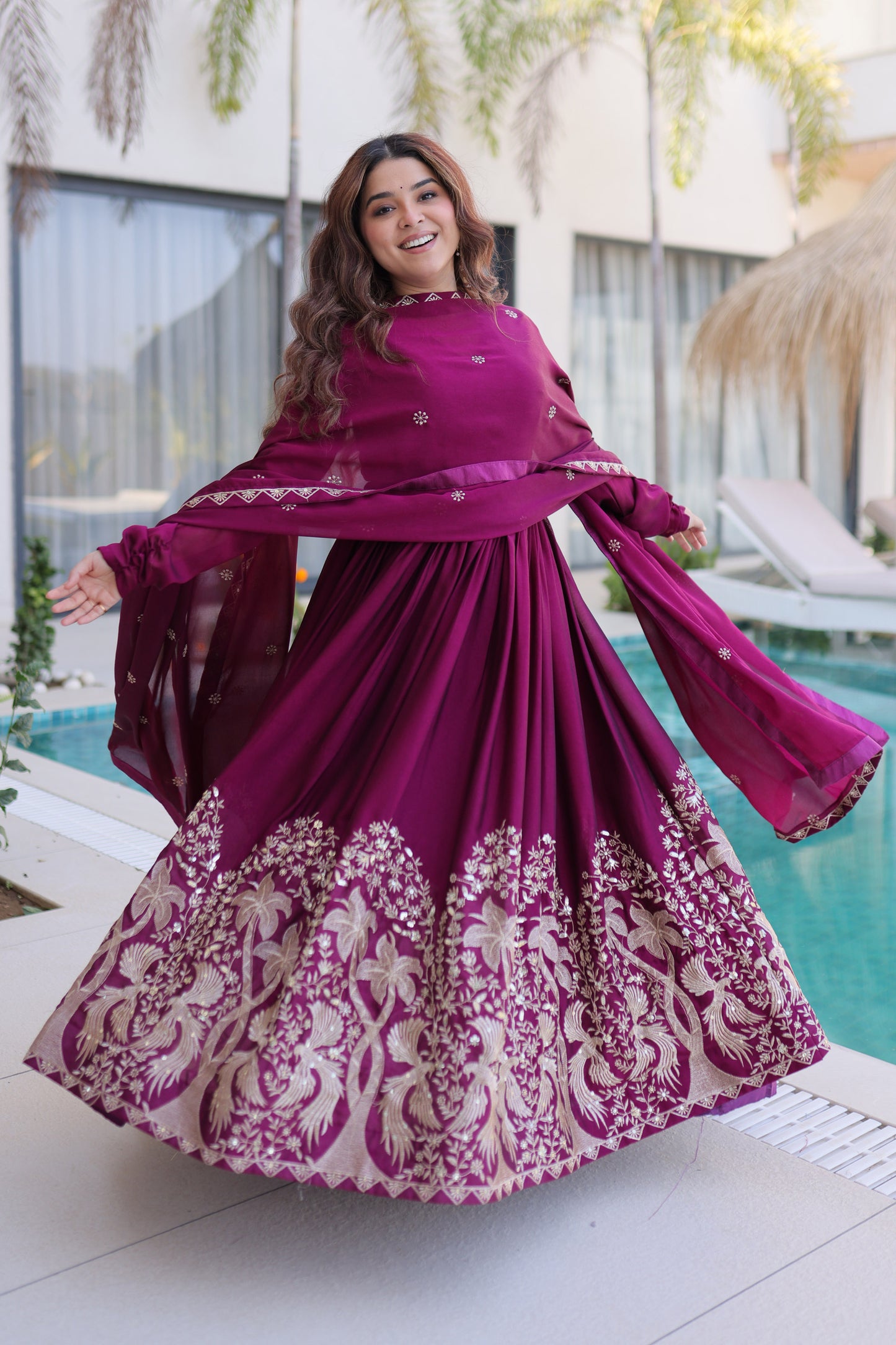 Shahi Wine Purple Peacock and Floral Embroidered Gown With Duppata