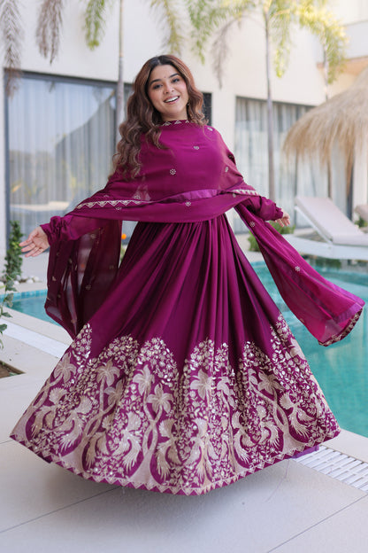Shahi Wine Purple Peacock and Floral Embroidered Gown With Duppata