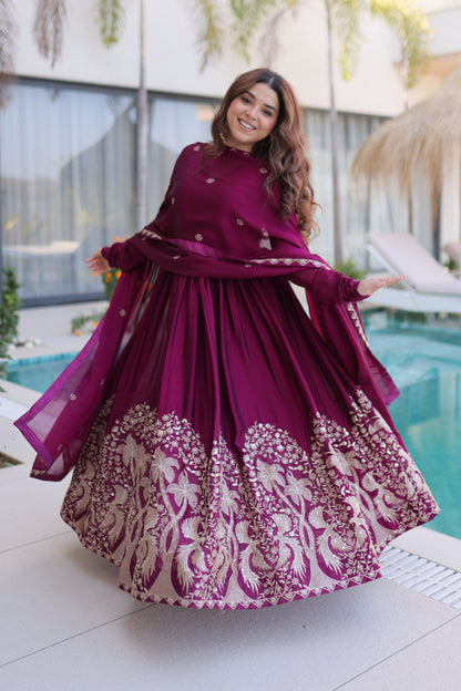 Shahi Wine Purple Peacock and Floral Embroidered Gown With Duppata