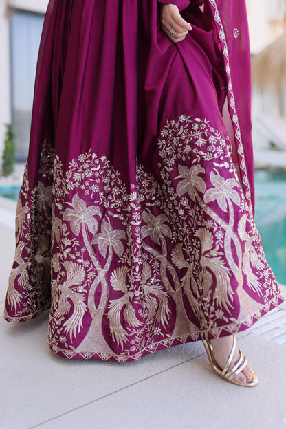 Shahi Wine Purple Peacock and Floral Embroidered Gown With Duppata