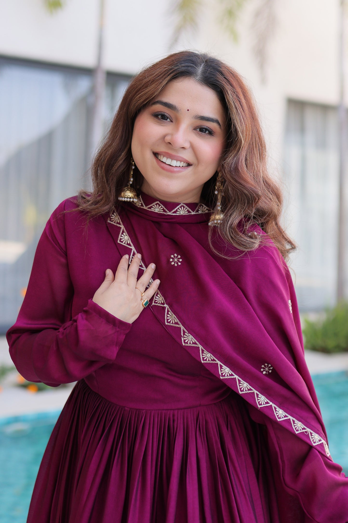 Shahi Wine Purple Peacock and Floral Embroidered Gown With Duppata