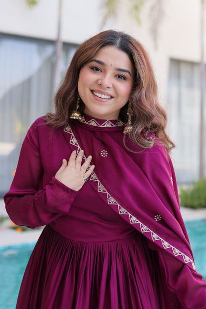 Shahi Wine Purple Peacock and Floral Embroidered Gown With Duppata