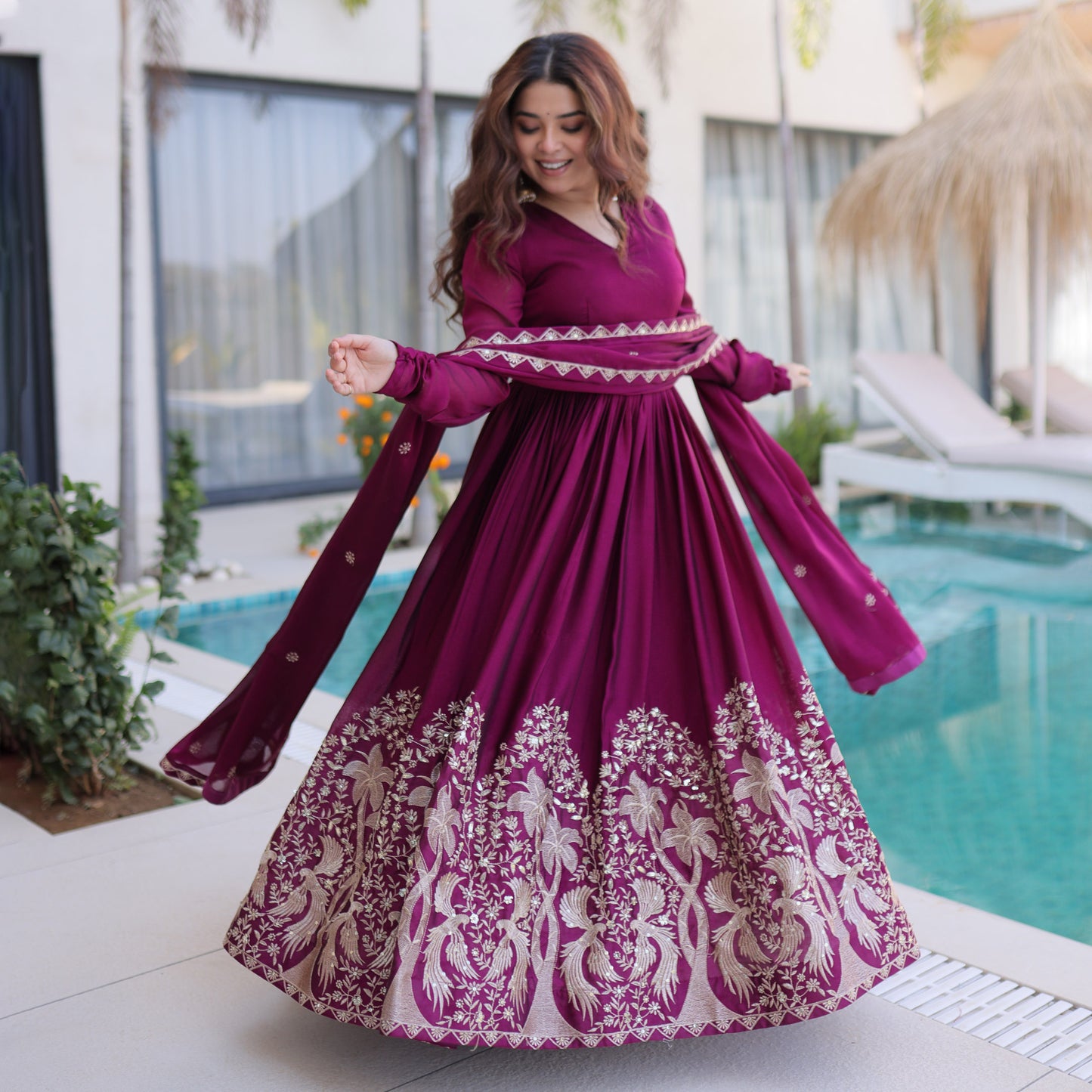 Shahi Wine Purple Peacock and Floral Embroidered Gown With Duppata