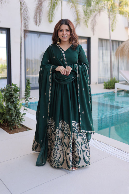 Shahi Emerald Green Peacock and Floral Embroidered Gown With Duppata
