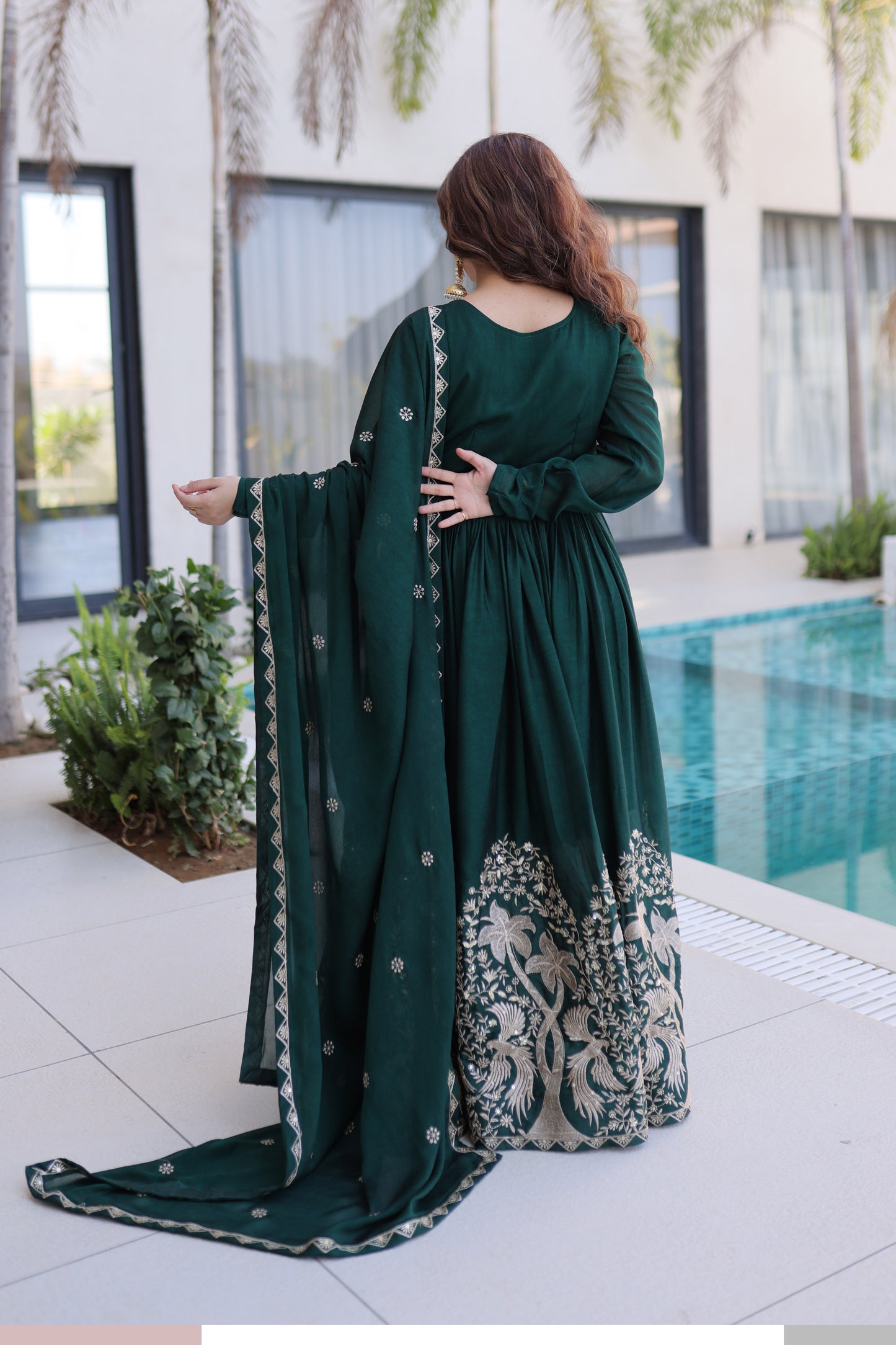 Shahi Emerald Green Peacock and Floral Embroidered Gown With Duppata