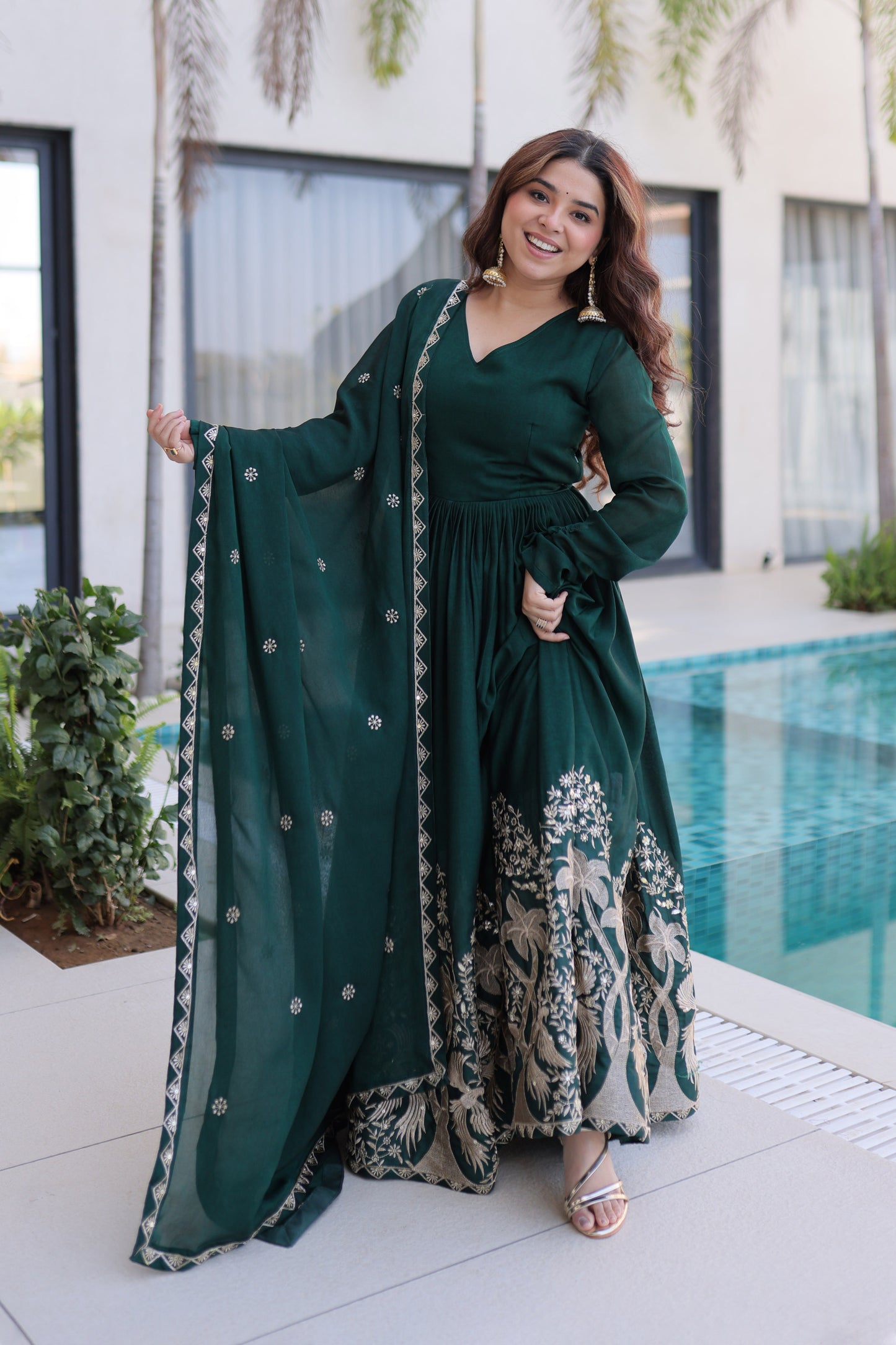 Shahi Emerald Green Peacock and Floral Embroidered Gown With Duppata