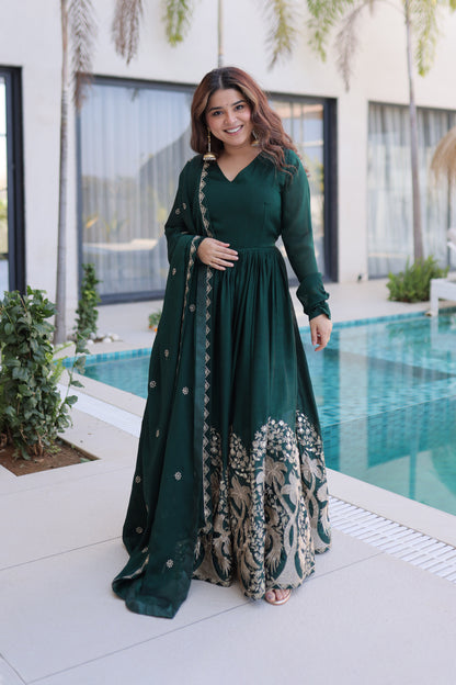 Shahi Emerald Green Peacock and Floral Embroidered Gown With Duppata