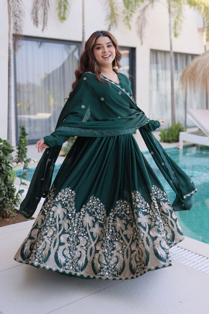 Shahi Emerald Green Peacock and Floral Embroidered Gown With Duppata