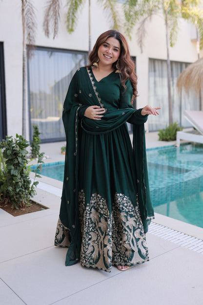 Shahi Emerald Green Peacock and Floral Embroidered Gown With Duppata