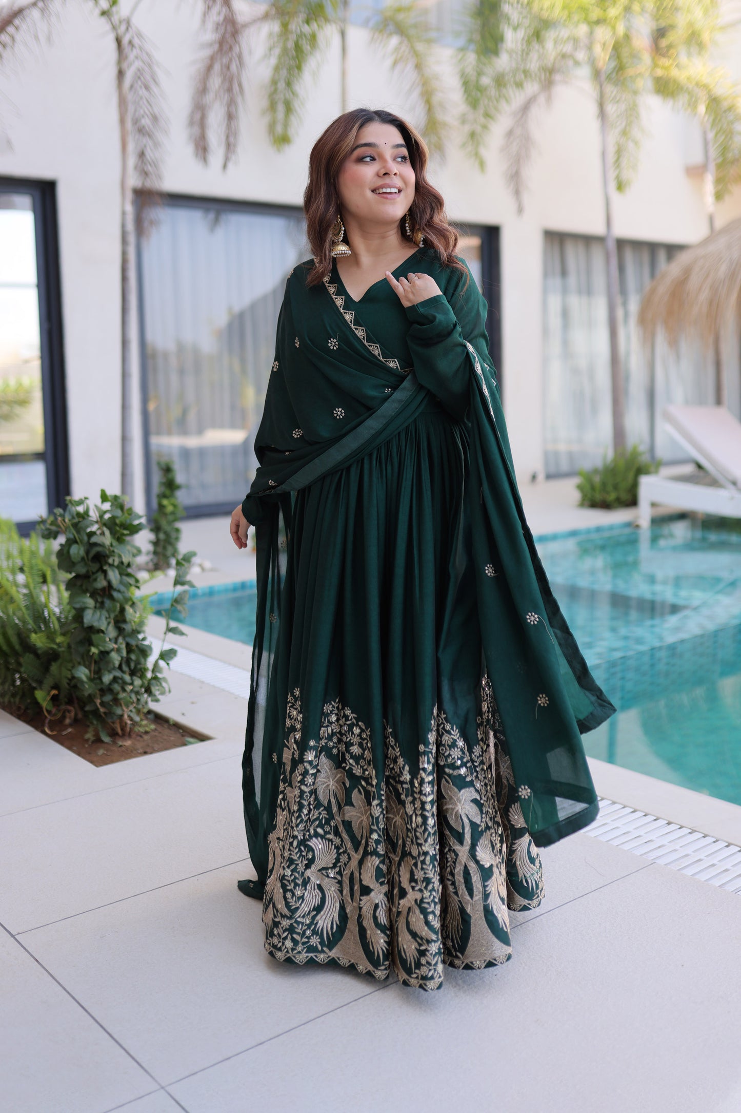 Shahi Emerald Green Peacock and Floral Embroidered Gown With Duppata