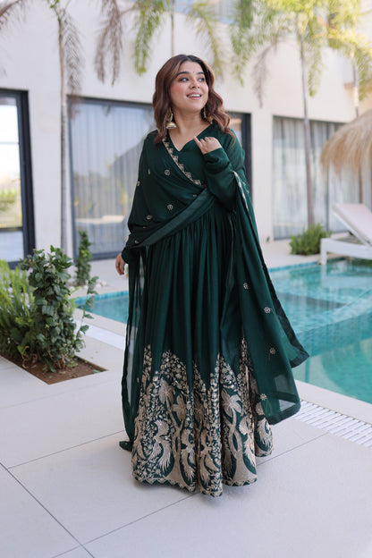Shahi Emerald Green Peacock and Floral Embroidered Gown With Duppata