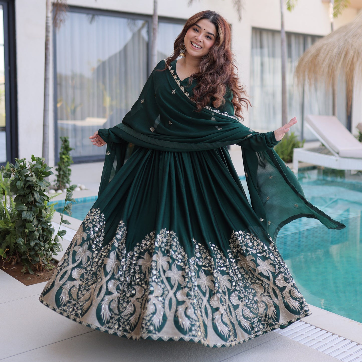 Shahi Emerald Green Peacock and Floral Embroidered Gown With Duppata