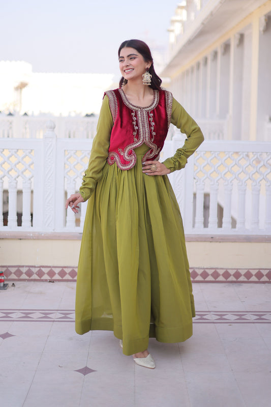 Pista Green Gown with Maroon Koti