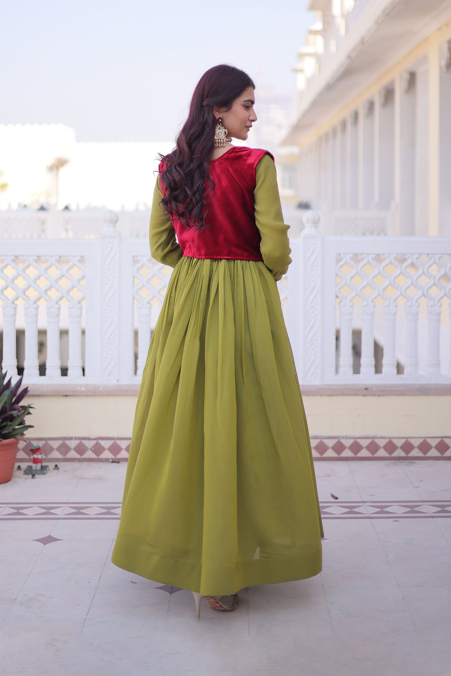 Pista Green Gown with Maroon Koti