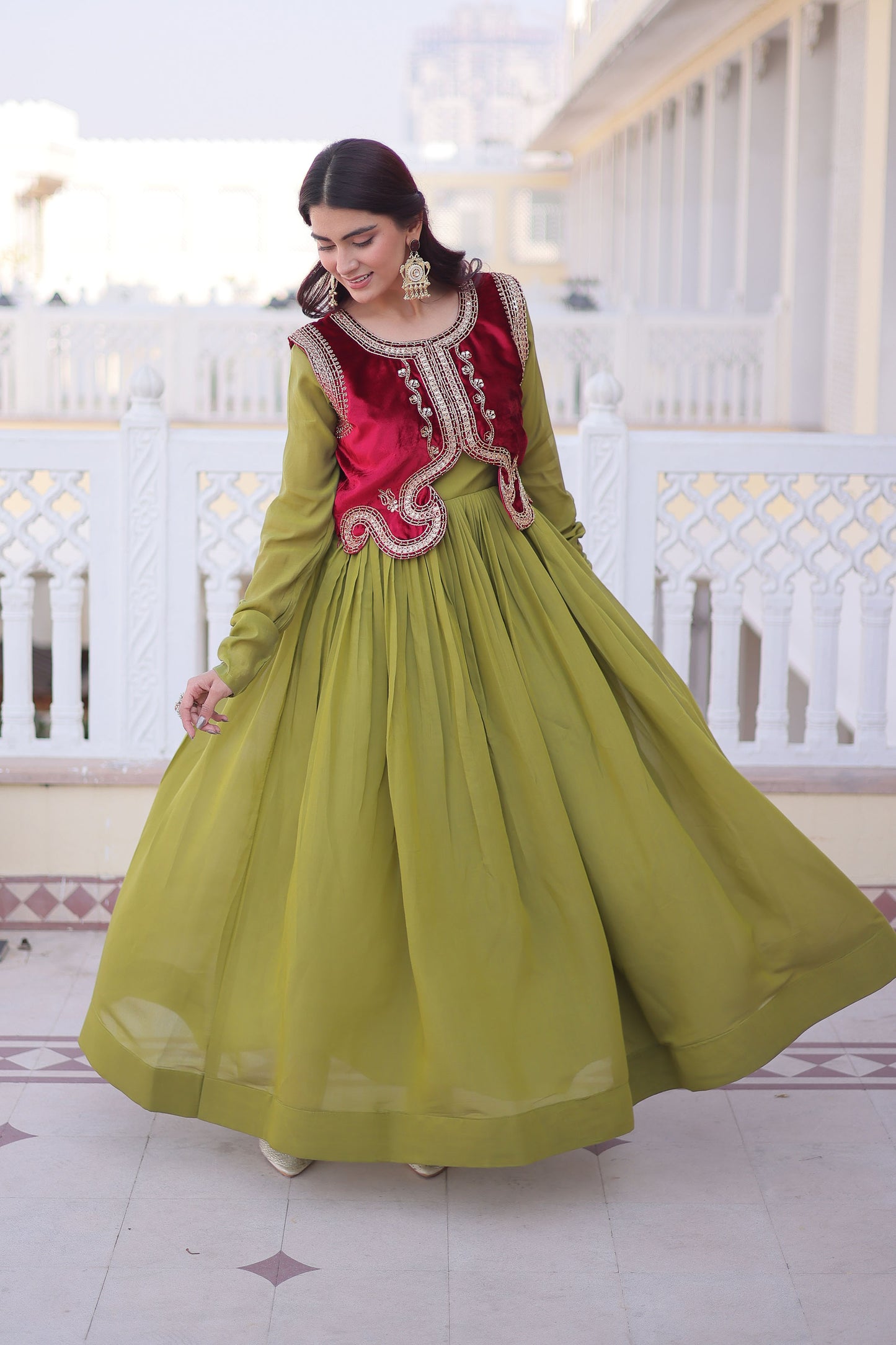 Pista Green Gown with Maroon Koti
