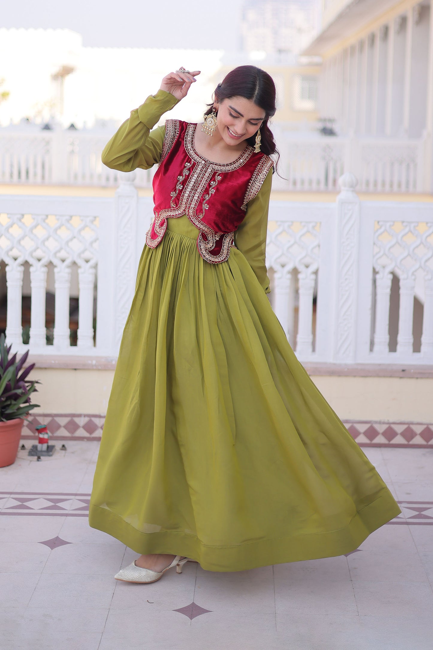 Pista Green Gown with Maroon Koti