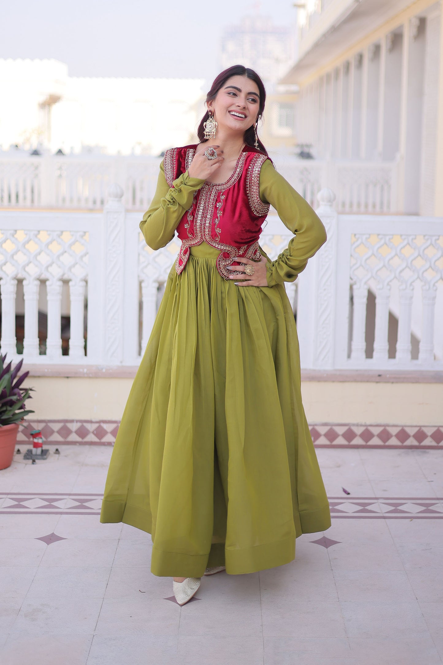 Pista Green Gown with Maroon Koti