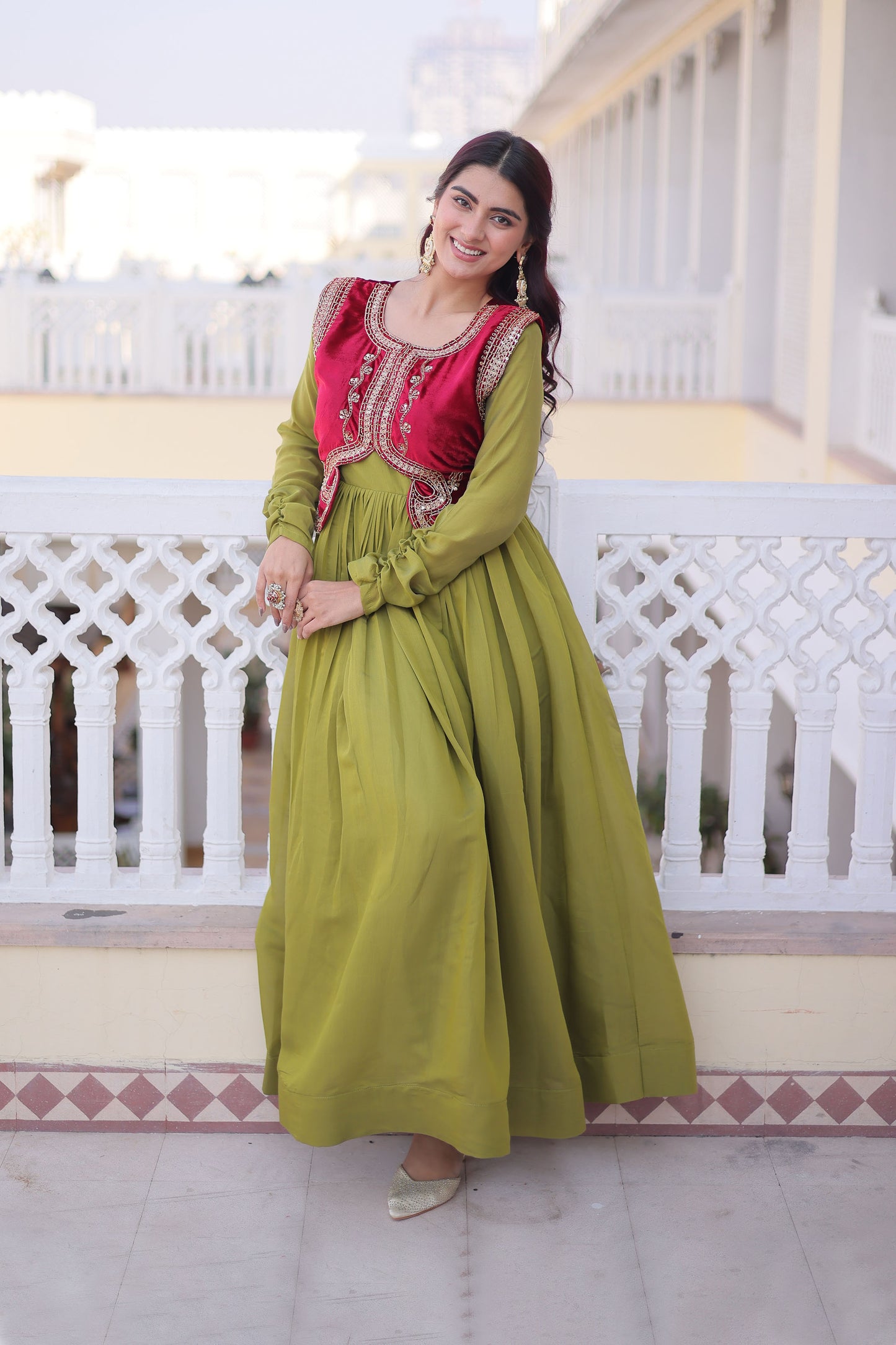 Pista Green Gown with Maroon Koti