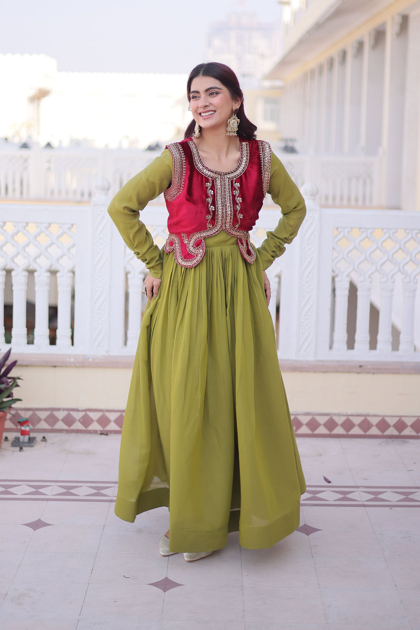 Pista Green Gown with Maroon Koti