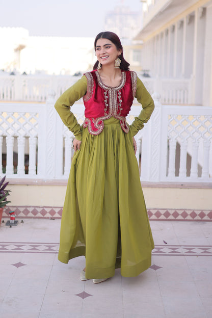 Pista Green Gown with Maroon Koti