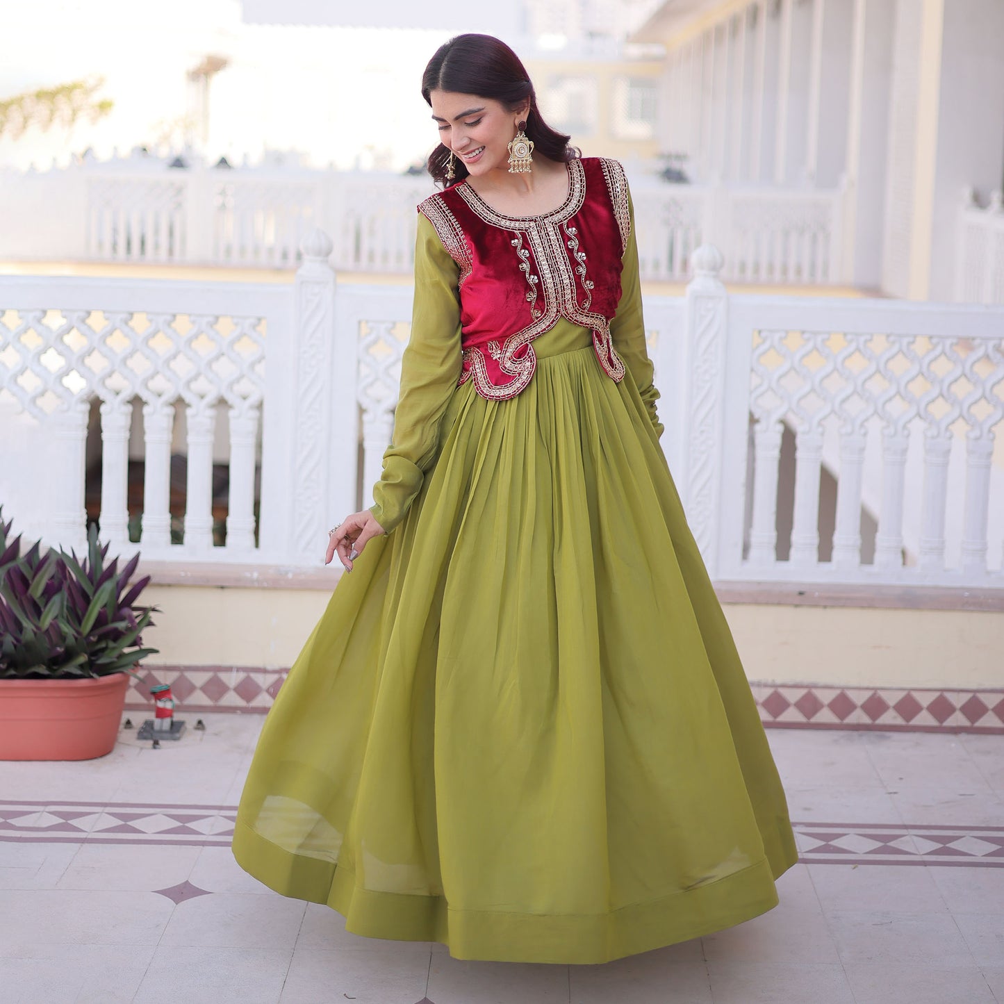 Pista Green Gown with Maroon Koti