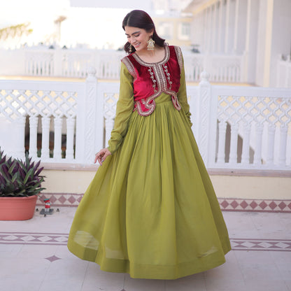 Pista Green Gown with Maroon Koti