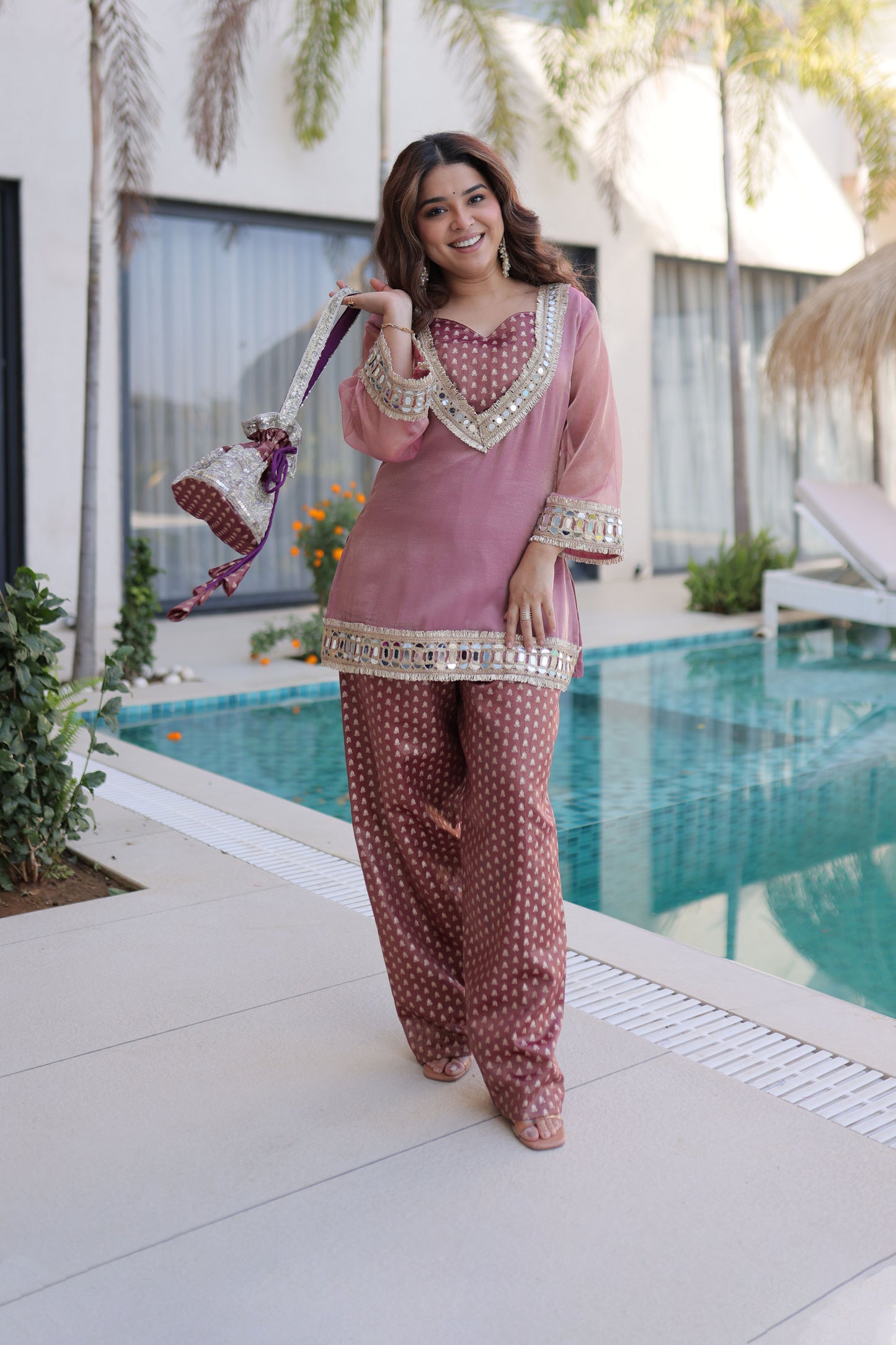 Dusty Rose Embellished Kurta Pant Set with Potli Bag