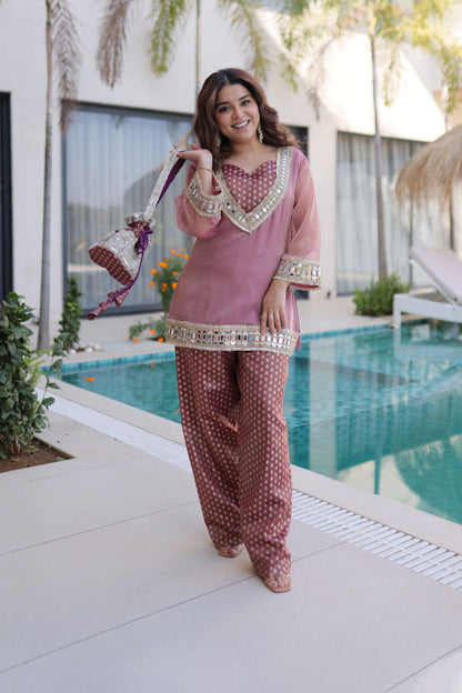 Dusty Rose Embellished Kurta Pant Set with Potli Bag