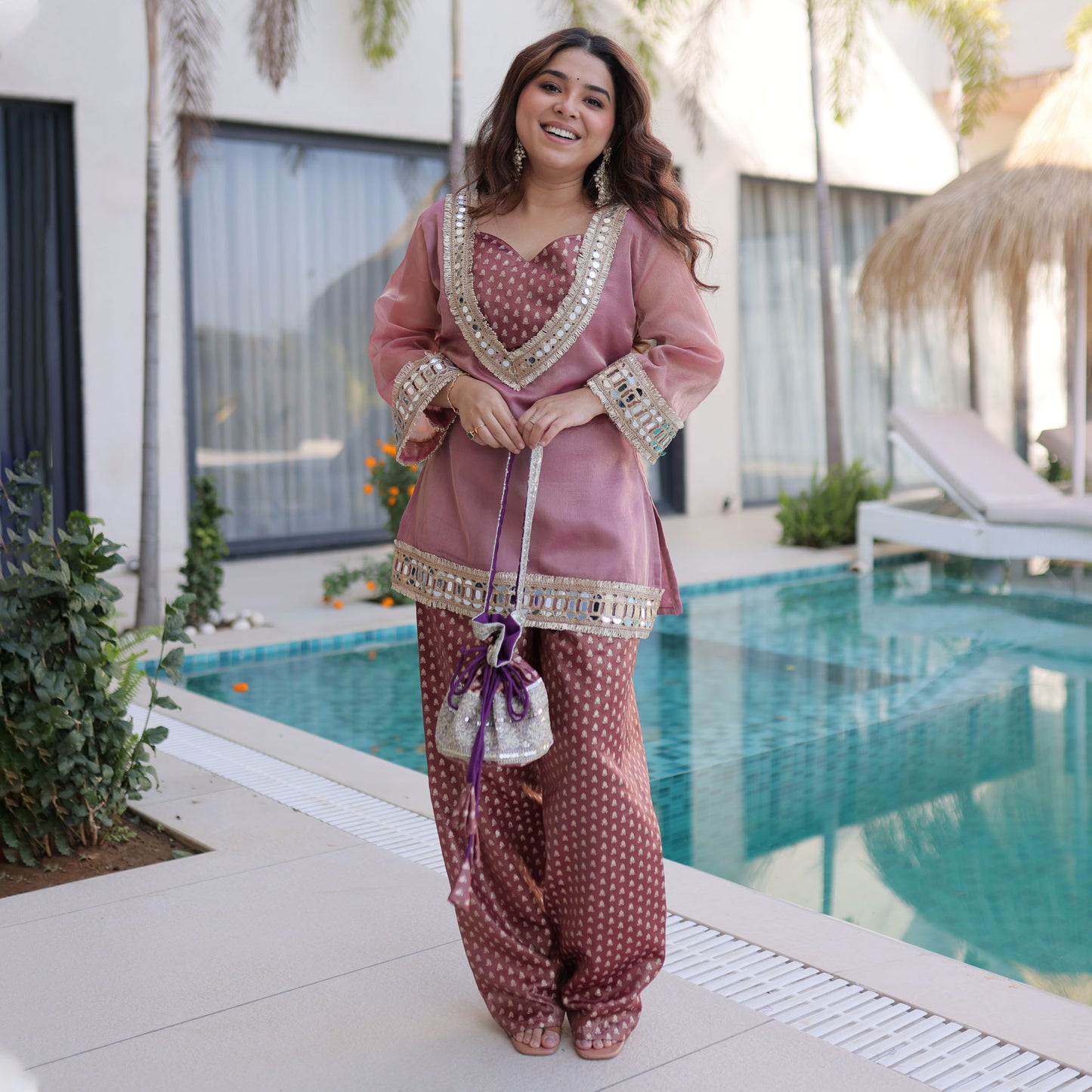 Dusty Rose Embellished Kurta Pant Set with Potli Bag