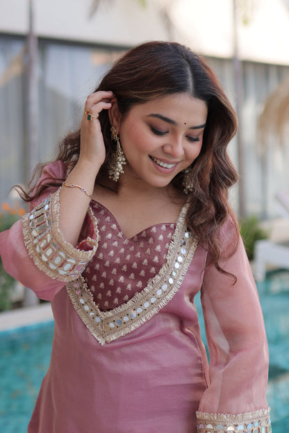 Dusty Rose Embellished Kurta Pant Set with Potli Bag