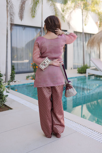 Dusty Rose Embellished Kurta Pant Set with Potli Bag