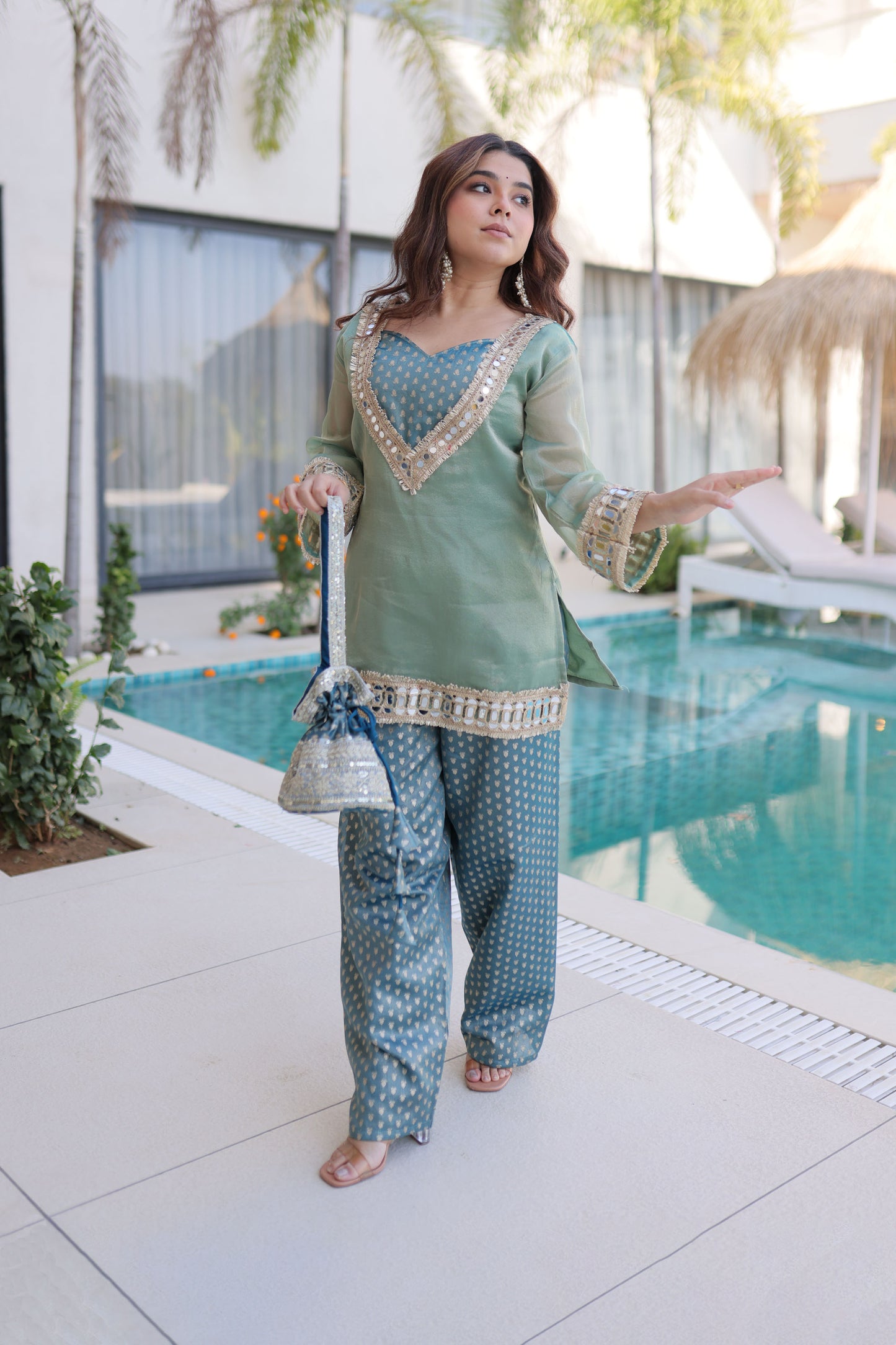 Sea Green Embellished Kurta Pant Set with Potli Bag