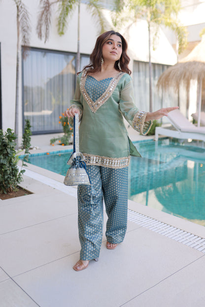 Sea Green Embellished Kurta Pant Set with Potli Bag