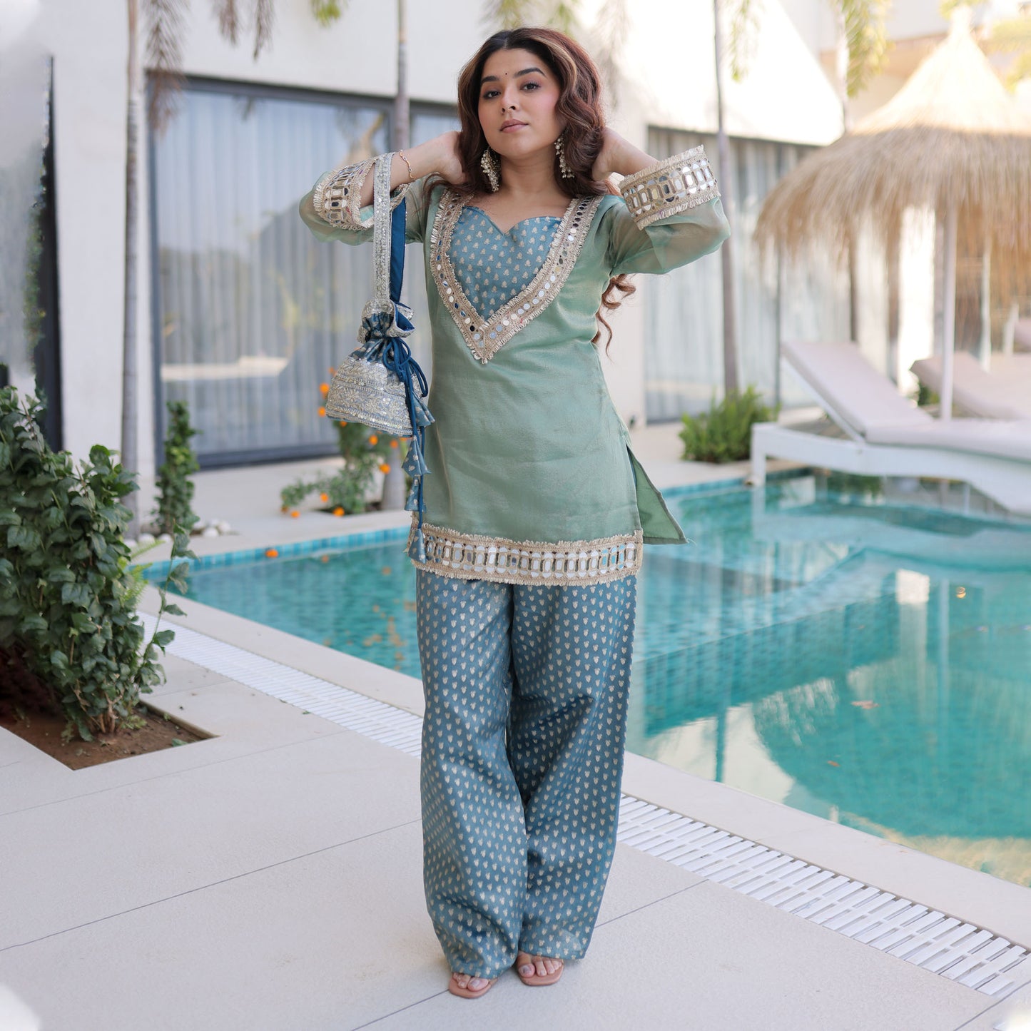 Sea Green Embellished Kurta Pant Set with Potli Bag