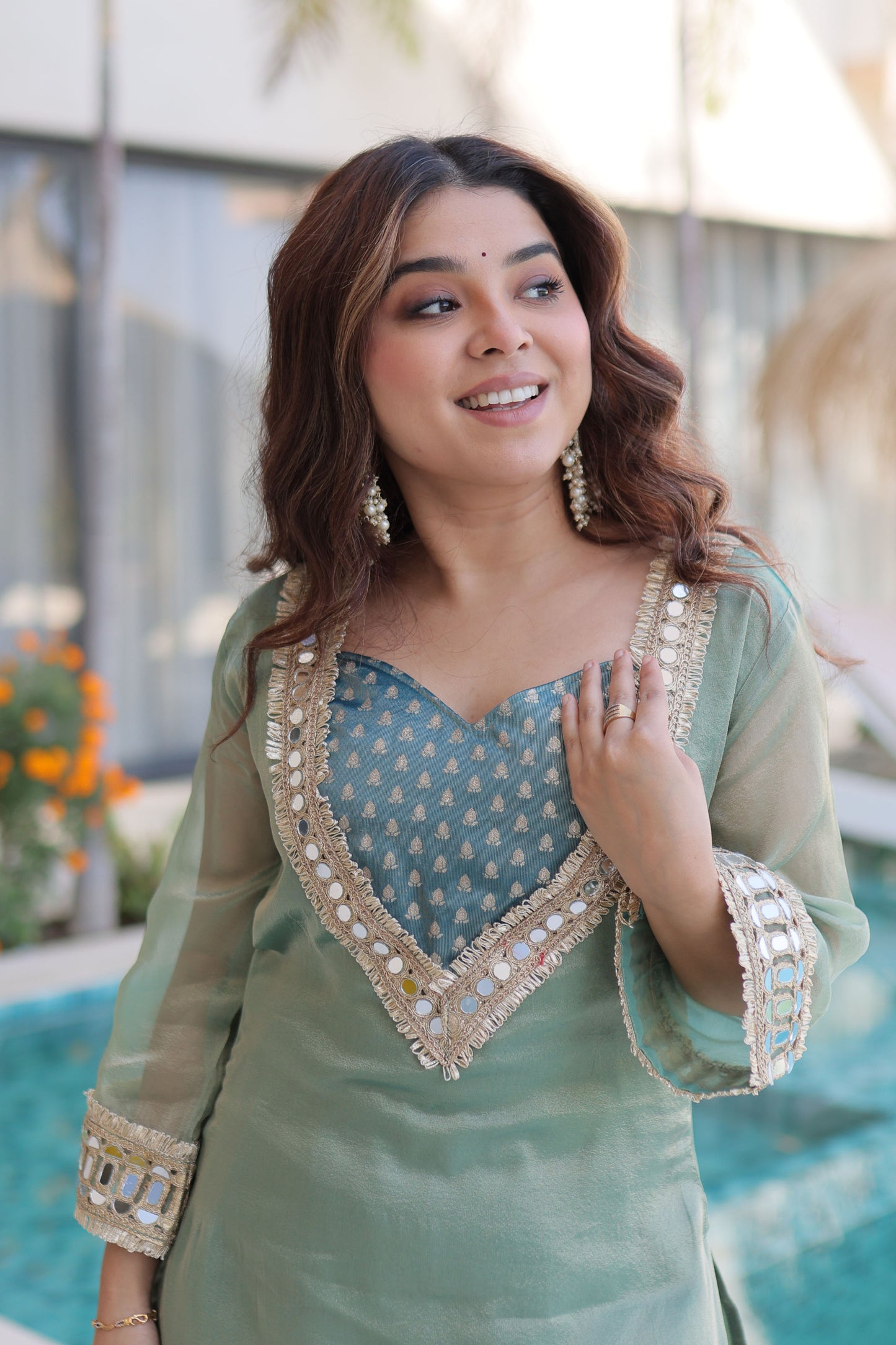 Sea Green Embellished Kurta Pant Set with Potli Bag