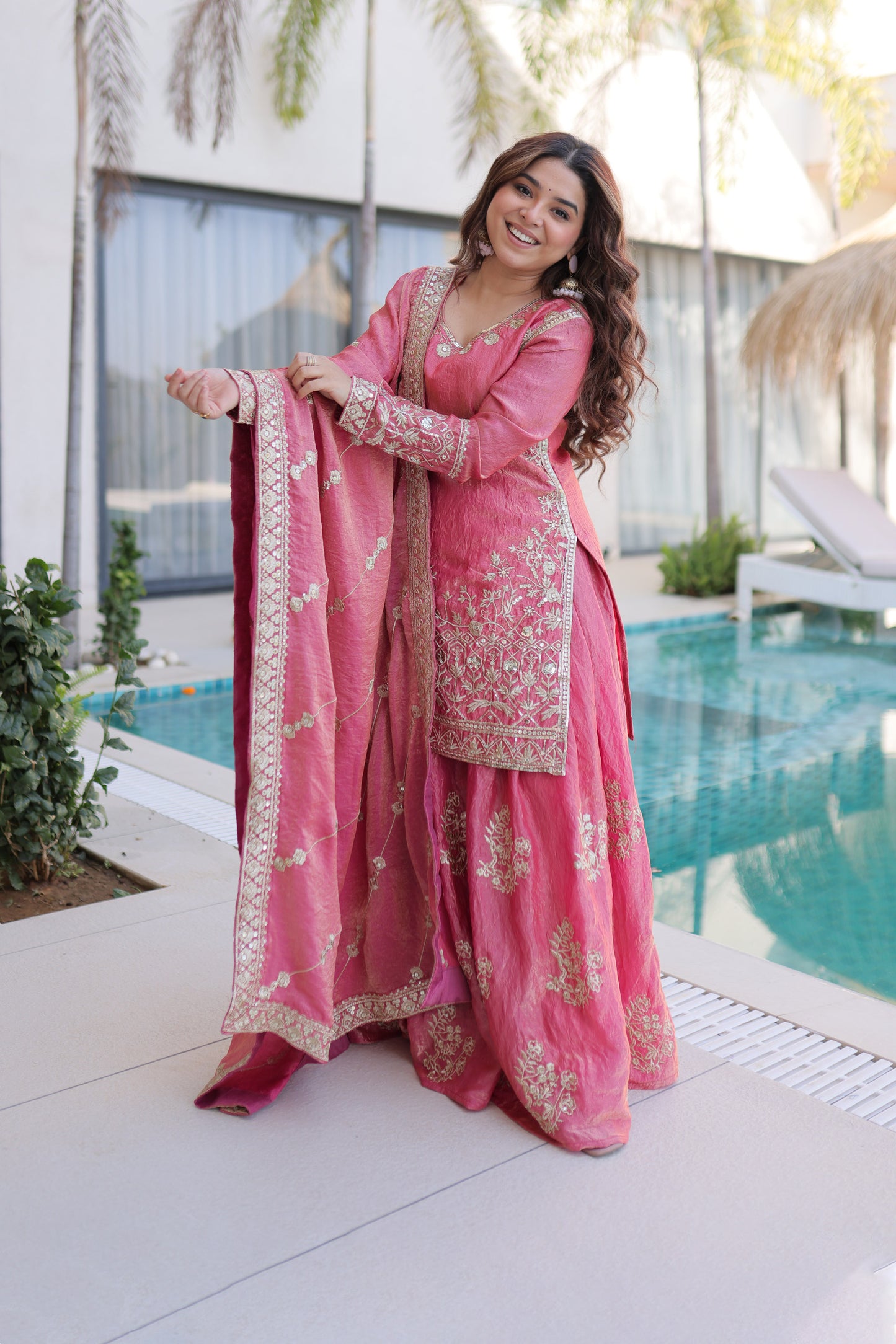 Rose Pink Embroidered Kurta Sharara Set