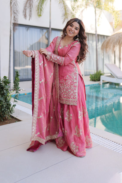 Rose Pink Embroidered Kurta Sharara Set