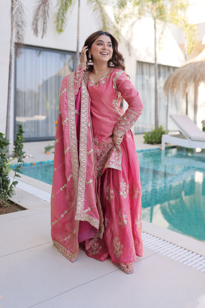 Rose Pink Embroidered Kurta Sharara Set