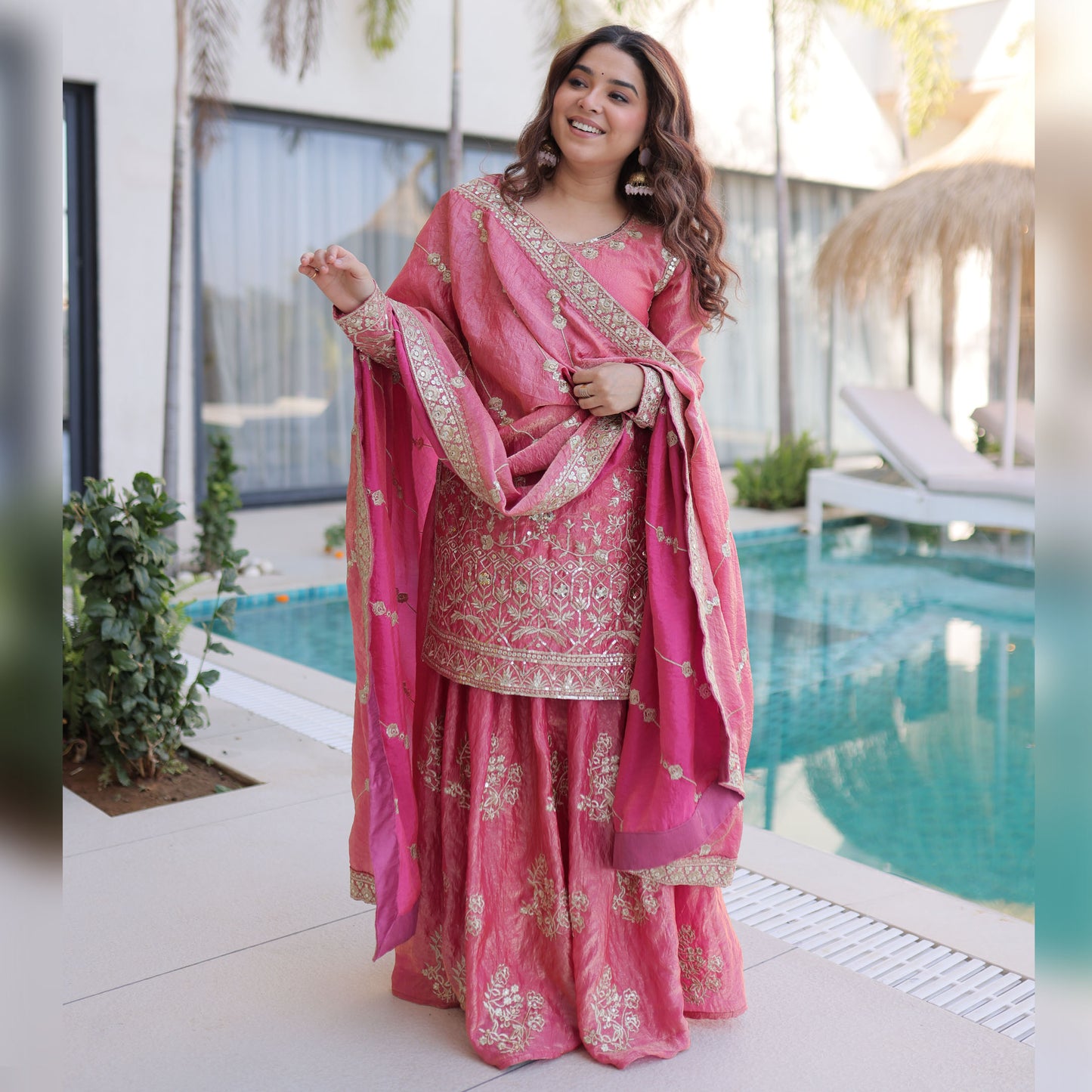 Rose Pink Embroidered Kurta Sharara Set