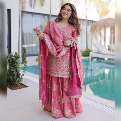 Rose Pink Embroidered Kurta Sharara Set