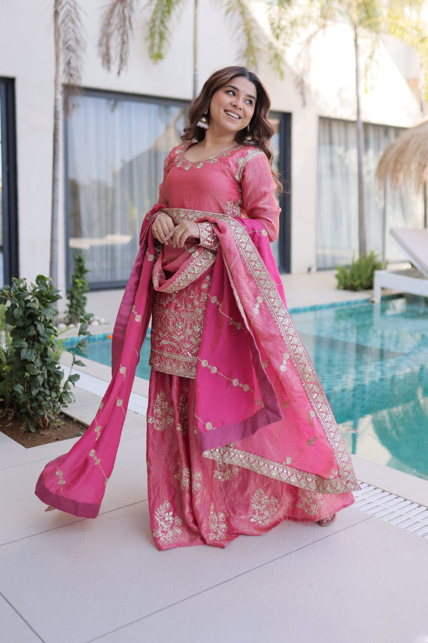 Rose Pink Embroidered Kurta Sharara Set