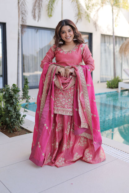 Rose Pink Embroidered Kurta Sharara Set