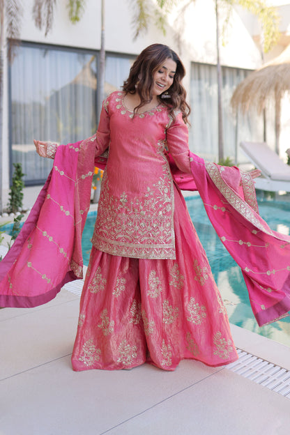 Rose Pink Embroidered Kurta Sharara Set