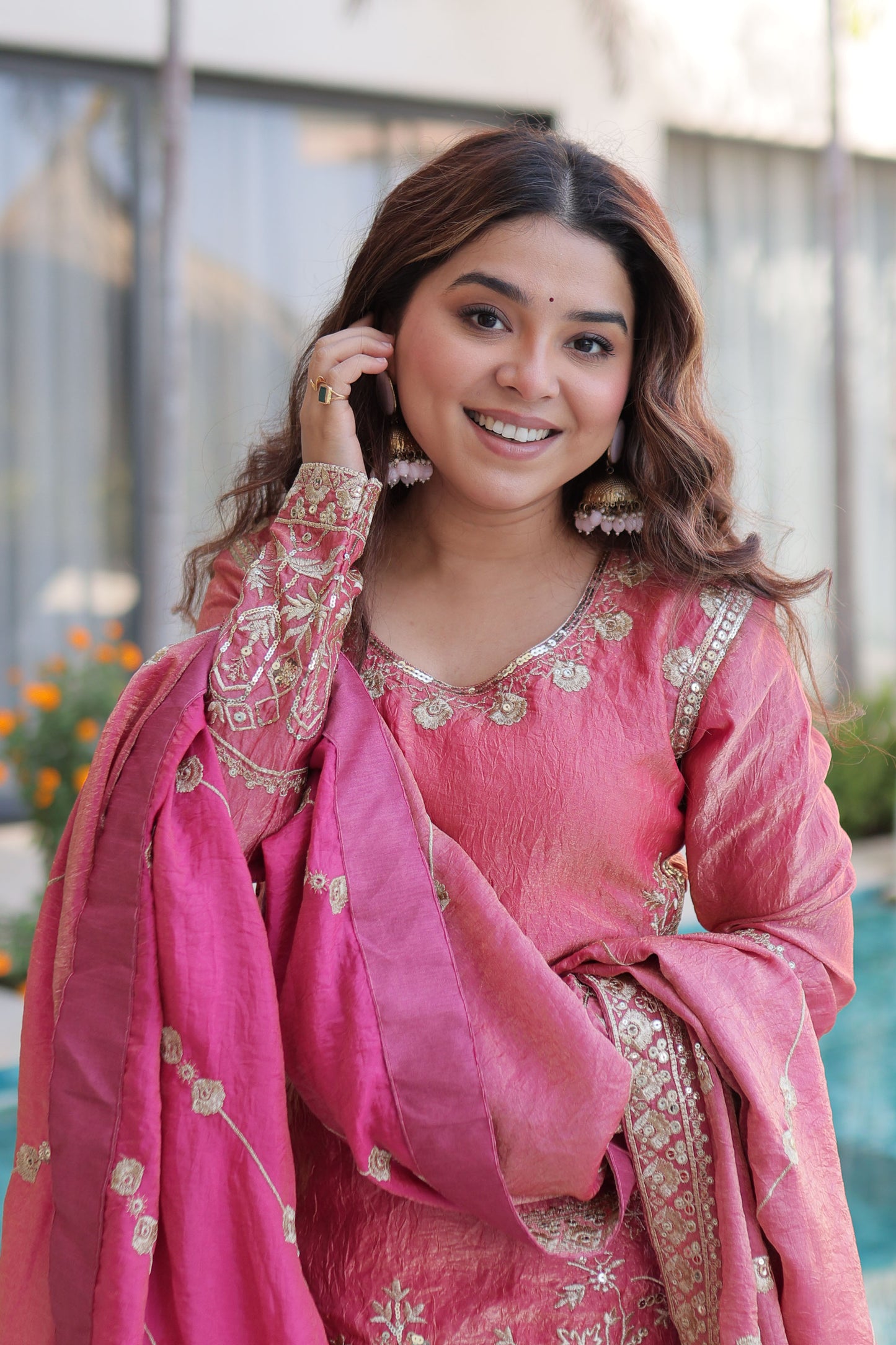 Rose Pink Embroidered Kurta Sharara Set
